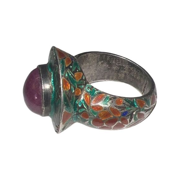 Antique Large Cabochon Ruby & Gripoix Glass Floral Band Goddess Statement Ring - Picture 9 of 16